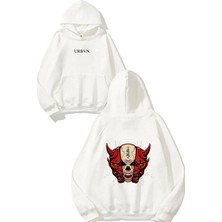 Urbvn Kurukafa Şeytan Tasarım Baskılı Oversize Beyaz Kapüşonlu Sweatshirt
