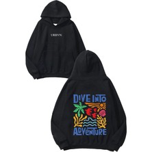 Urbvn Dive Into Tasarım Baskılı Oversize Siyah Kapüşonlu Sweatshirt