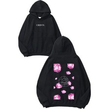 Urbvn Rose Pink Skull Tasarım Baskılı Oversize Siyah Kapüşonlu Sweatshirt