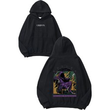 Urbvn Sullen Purple Tasarım Baskılı Oversize Siyah Kapüşonlu Sweatshirt