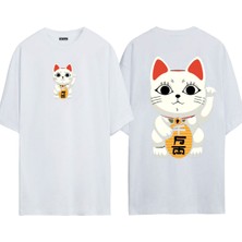 Urbvn Korean Cat 1 Tasarım Baskılı Beyaz Oversize T Shirt