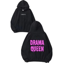 Urbvn Drama Queen Pink Tasarım Baskılı Oversize Siyah Kapüşonlu Sweatshirt