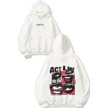 Urbvn Act Like Tasarım Baskılı Oversize Beyaz Kapüşonlu Sweatshirt