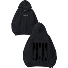 Urbvn Srrnd Tasarım Baskılı Oversize Siyah Kapüşonlu Sweatshirt