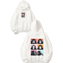 Urbvn Monkey Faces Tasarım Baskılı Oversize Beyaz Kapüşonlu Sweatshirt