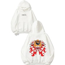 Urbvn Flame Tiger Tasarım Baskılı Oversize Beyaz Kapüşonlu Sweatshirt