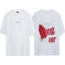 Urbvn Kill My Vibe Tasarım Baskılı Beyaz Oversize T-Shirt