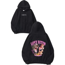 Urbvn Love Bites Tasarım Baskılı Oversize Siyah Kapüşonlu Sweatshirt