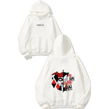 Urbvn Harley Joker Ikili Tasarım Baskılı Oversize Beyaz Kapüşonlu Sweatshirt