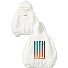 Urbvn High Low Tasarım Baskılı Oversize Beyaz Kapüşonlu Sweatshirt