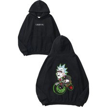 Urbvn Rick Jigsaw Tasarım Baskılı Oversize Siyah Kapüşonlu Sweatshirt