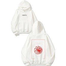 Urbvn House Targaryen Tasarım Baskılı Oversize Beyaz Kapüşonlu Sweatshirt