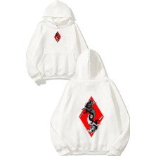 Urbvn Two Wolf Tasarım Baskılı Oversize Beyaz Kapüşonlu Sweatshirt