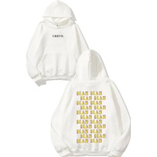 Urbvn Blah Tasarım Baskılı Oversize Beyaz Kapüşonlu Sweatshirt