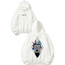 Urbvn Çiçek ve Kurukafa Tasarım Baskılı Oversize Beyaz Kapüşonlu Sweatshirt