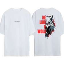 Urbvn Be Like Wolf Tasarım Baskılı Beyaz Oversize T-Shirt