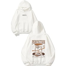Urbvn Perfection Tasarım Baskılı Oversize Beyaz Kapüşonlu Sweatshirt