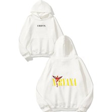 Urbvn Nirvana Yazı Tasarım Baskılı Oversize Beyaz Kapüşonlu Sweatshirt
