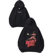 Urbvn Deadly Doll Tasarım Baskılı Oversize Siyah Kapüşonlu Sweatshirt