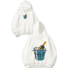 Urbvn Champaine Tasarım Baskılı Oversize Beyaz Kapüşonlu Sweatshirt