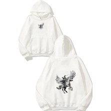 Urbvn Pegasus Tasarım Baskılı Oversize Beyaz Kapüşonlu Sweatshirt