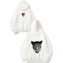 Urbvn Leopard Face Tasarım Baskılı Oversize Beyaz Kapüşonlu Sweatshirt