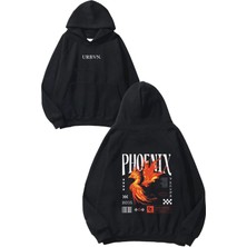 Urbvn Phoenix Bird Tasarım Baskılı Oversize Siyah Kapüşonlu Sweatshirt