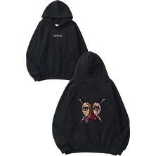 Urbvn Chucky Tasarım Baskılı Oversize Siyah Kapüşonlu Sweatshirt
