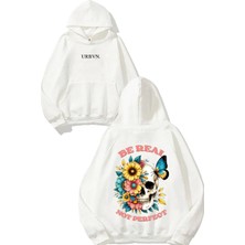 Urbvn Be Real Skull Tasarım Baskılı Oversize Beyaz Kapüşonlu Sweatshirt