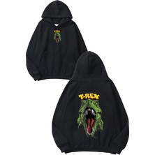 Urbvn Trex Face Tasarım Baskılı Oversize Siyah Kapüşonlu Sweatshirt