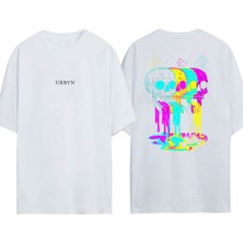 Urbvn Neon Skulls Tasarım Baskılı Beyaz Oversize T-Shirt
