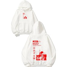 Urbvn Rising Sun Tasarım Baskılı Oversize Beyaz Kapüşonlu Sweatshirt
