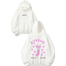 Urbvn Eternal Pink Tasarım Baskılı Oversize Beyaz Kapüşonlu Sweatshirt