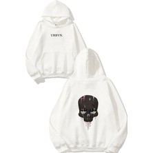 Urbvn Etnik Desen Kurukafa Tasarım Baskılı Oversize Beyaz Kapüşonlu Sweatshirt