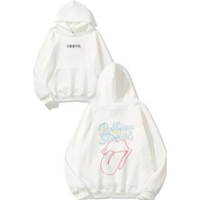 Urbvn Rolling Stones Tounge Tasarım Baskılı Oversize Beyaz Kapüşonlu Sweatshirt