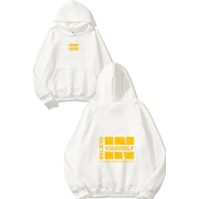 Urbvn Yourself 2 Tasarım Baskılı Oversize Beyaz Kapüşonlu Sweatshirt