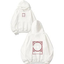 Urbvn Fire And Blood Tasarım Baskılı Oversize Beyaz Kapüşonlu Sweatshirt