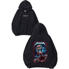 Urbvn Metallica Monster Tasarım Baskılı Oversize Siyah Kapüşonlu Sweatshirt