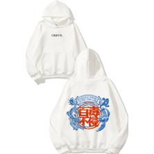 Urbvn Indestructible Tasarım Baskılı Oversize Beyaz Kapüşonlu Sweatshirt