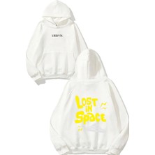 Urbvn Lost In Space Tasarım Baskılı Oversize Beyaz Kapüşonlu Sweatshirt