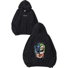 Urbvn Joker Batman Yüz Tasarım Baskılı Oversize Siyah Kapüşonlu Sweatshirt