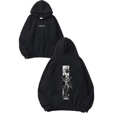 Urbvn Ancient Tasarım Baskılı Oversize Siyah Kapüşonlu Sweatshirt