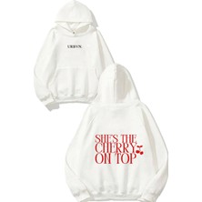 Urbvn She Cherry On Top Tasarım Baskılı Oversize Beyaz Kapüşonlu Sweatshirt