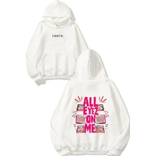 Urbvn Eyez On Tasarım Baskılı Oversize Beyaz Kapüşonlu Sweatshirt