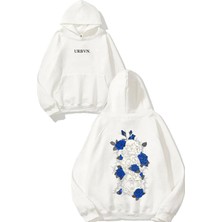 Urbvn Blue Rose Skull Tasarım Baskılı Oversize Beyaz Kapüşonlu Sweatshirt