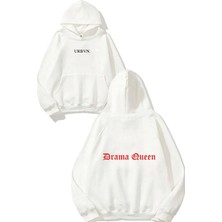 Urbvn Drama Queen Red Tasarım Baskılı Oversize Beyaz Kapüşonlu Sweatshirt