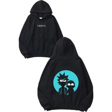 Urbvn Rick Morty Mavi Tasarım Baskılı Oversize Siyah Kapüşonlu Sweatshirt