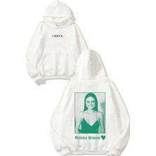 Urbvn Selena Gomez Tasarım Baskılı Oversize Beyaz Kapüşonlu Sweatshirt