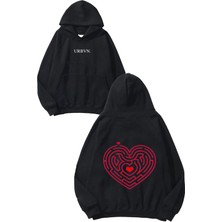 Urbvn Labirent Tasarım Baskılı Oversize Siyah Kapüşonlu Sweatshirt