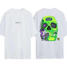 Urbvn Cyber Skull Tasarım Baskılı Beyaz Oversize T-Shirt